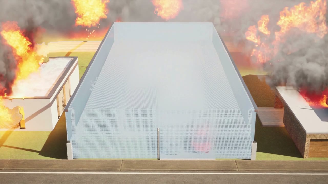 Calyx deployed: four towers draw a perforated, water-cooled curtain around the whole property, sealing the home while neighboring houses burn (visualization).